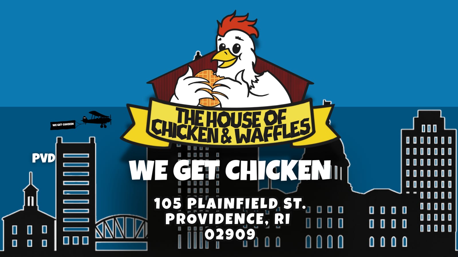 Comic-style city skyline artwork from The House of Chicken & Waffles in Providence, Rhode Island
